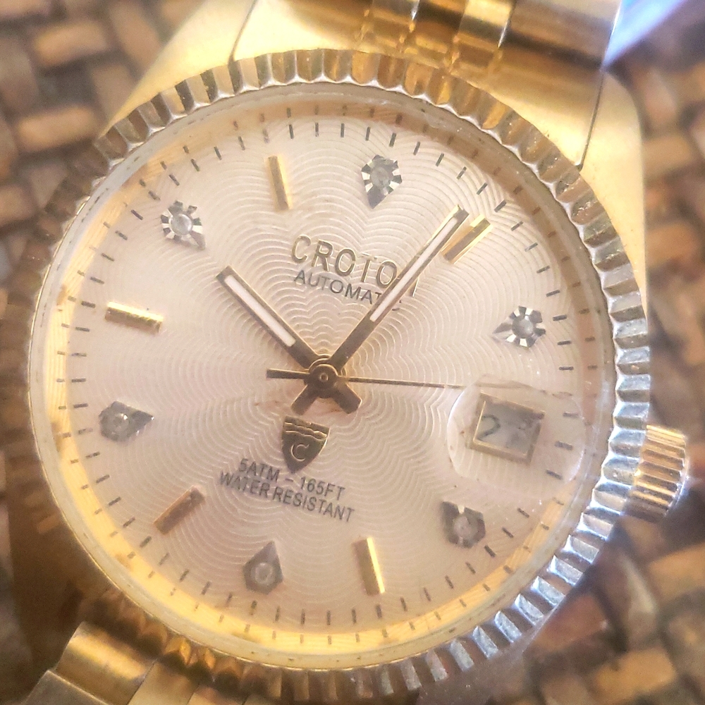 Vintage Croton Mens Automatic Diamond Gold Stainless Wristwatch